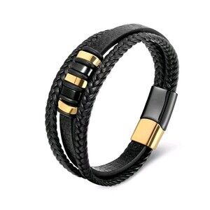 Rhona SuttonMen's Cuff Gold Plated Leather Bracelet in Stainless Steel Black